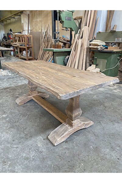 EMEL AHŞAP Eskitme Masif Doğal Ahşap Damla Ayaklı Kütük Masa, 190x90 cm, Yeme...