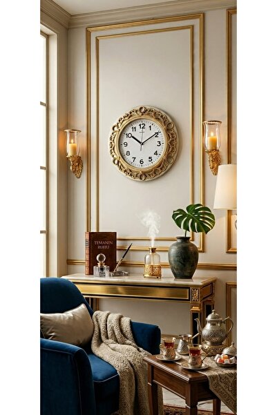 Galaxy Klasik Gold Oymalı Çerçeveli Yuvarlak Duvar Saati 33 cm