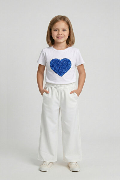 nacar çarşı تي شيرت بناتي أزرق بلون الكوبالت على شكل قلب، بنطلون أبيض واسع ال...