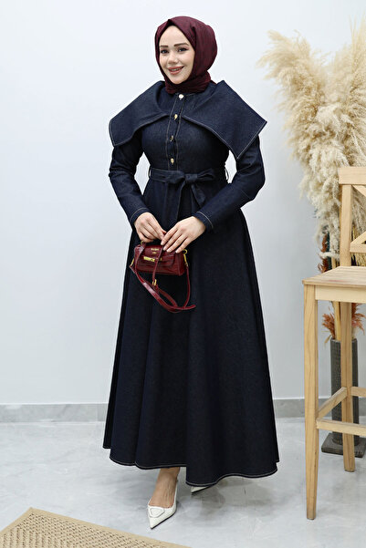 Tesettür Dünyası Cape Collar Denim Dress Tsd260137 Dark Blue