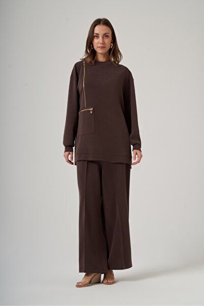 Nuss 1077 Çift Gold Fermuar Detaylı Pantolonlu Takım - Kahve