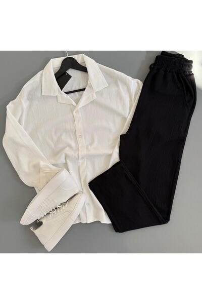 WENMİNG Men's Wrinkled Shirt and Pants Summer Top and Bottom Combination