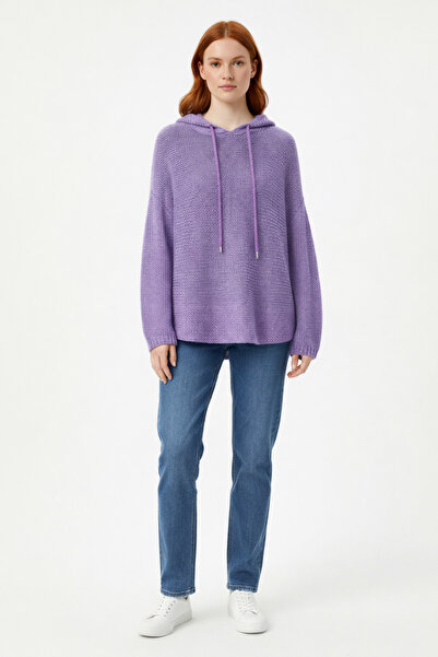 Neden Tekstil Lila Kapüşonlu Oversize Triko Ajurlu Sweatshirt