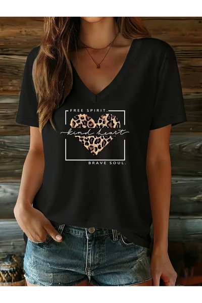 WOODROFFE Women's V-Neck Özgür Ruh Printed Black/White T-Shirt Oversized Casual