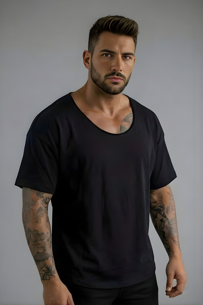 bozdemirtshirt % 100 Pamuklu Erkek T-shırt Geniş Pis Yaka Oversize Siyah/ Beyaz