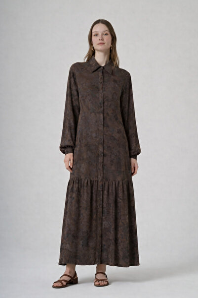 Nuss 2038 Ebru Desenli Lyocell Kuşaklı Elbise-Kahve