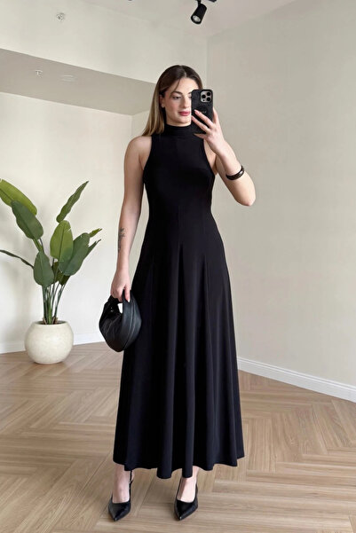 MOZENA Zero Sleeve Mock Neck Drapey Long Stylish Dress
