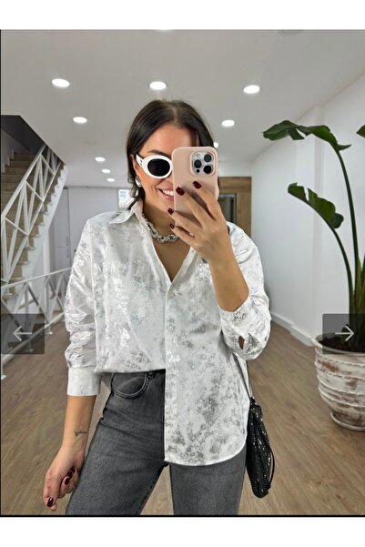 BKUzer Kadın Gümüş Varaklı Saten Gömlek