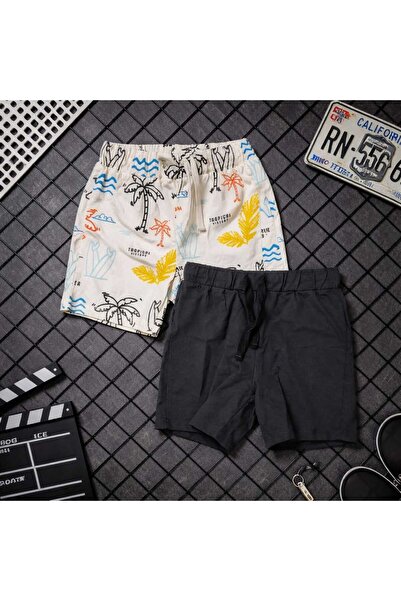 LCW STEPS Lcw Kids Anthracite Elastic Waist Printed Boys' Shorts 2-Piece