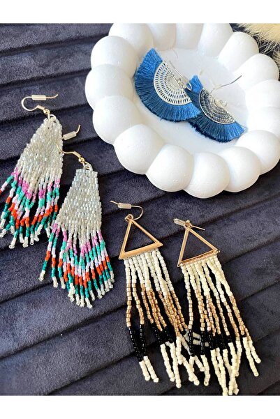 Luxiva 3 Pcs Beaded Detailed Dangle Women's Earrings
