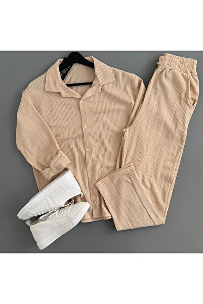 WENMİNG Men's Wrinkled Shirt and Pants 2-Piece Summer Set
