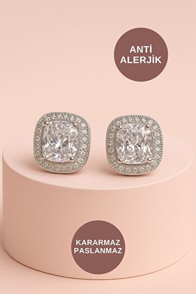 KAYOUBI Kadın Antialerjik Kararmaz Suya Dayanıklı Zirkon Taşlı Kare Altın Gol...