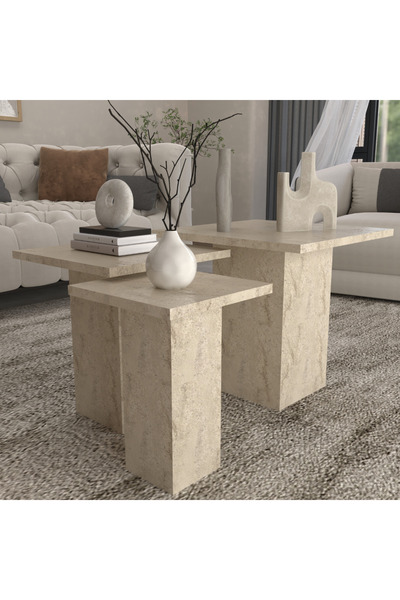 klubeconcept TRAVERA Travertan Mermer Desen Blok Sehpa Seti 3’lü %100 MDF Mod...