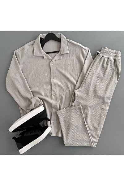 WENMİNG Men's Wrinkled Shirt and Pants 2-Piece Summer Set