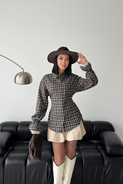MOZENA Plaid Lace Detail Beli Tie-Detail Shirt