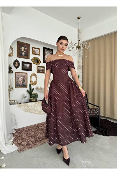 YURELİ Straplez Puantiyeli Uzun Kloş Elbise