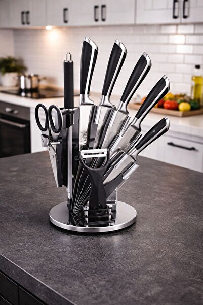 Mercury 9 Piece Kitchen Knife Set with Rotating Stand – 18/10 Stainless Steel...
