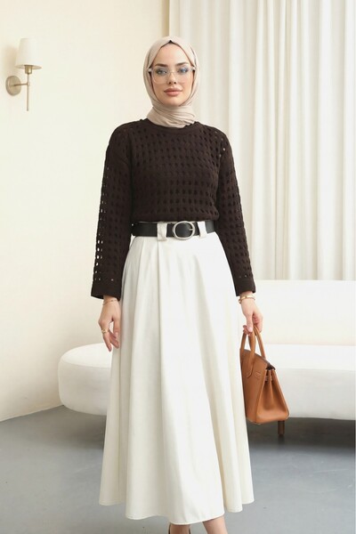 Modamorfo Kayık Yaka Lace-Like Knit Knitwear Sweater -K. Coffee