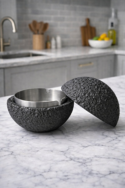 VOLIN Nordic Style Lava Stone Covered Concrete Ashtray with Stainless Contain...