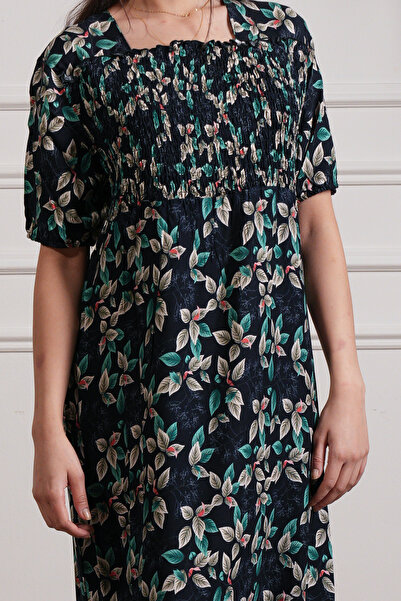 hendam Midi house dress (jalabiya) with a leaf pattern and elastic bodice des...