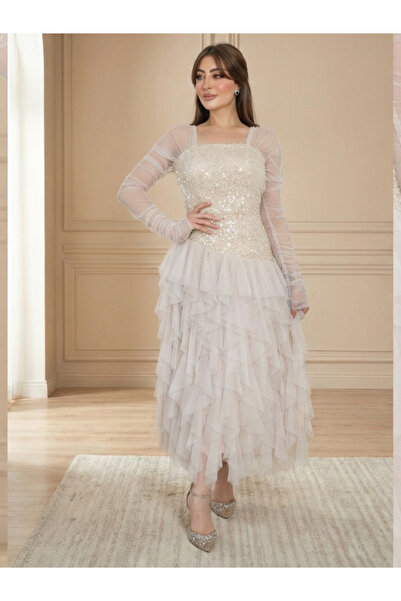 TREN Stunning Chiffon Crepe Evening Gown With Long Sleeves And Embellishments...