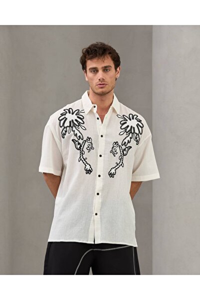 Yeblin Oversized Floral Pattern Shirt Embroidered