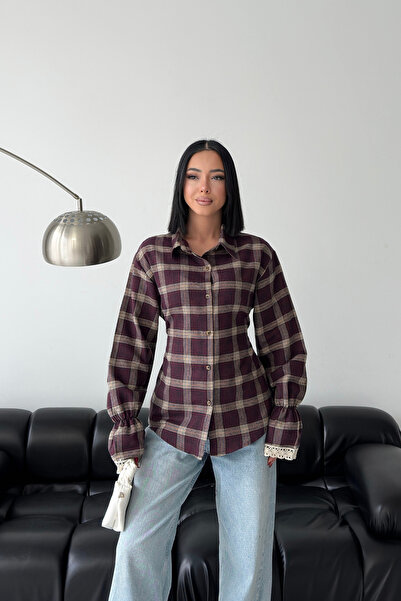 MOZENA Plaid Lace Detail Beli Tie-Detail Shirt