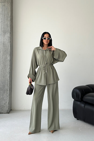 MOZENA Shirt and Pants Set with Tie Detail, Loose Fit Two-Piece Set