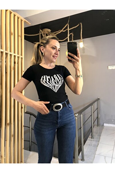 Gözde Tasarım Butik Women's Black Color Printed Short Sleeve Crochet Neck Bod...