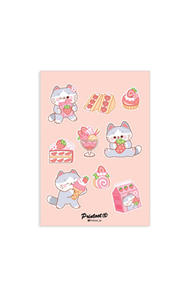 Printoot مجموعة ملصقات قطة الفراولة اللطيفة التي تضم شخصيات قطط صغيرة لطيفة و...