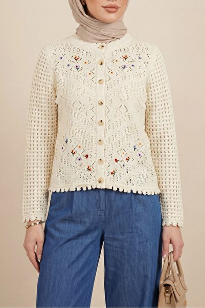 Modamorfo Floral Embroidered Lace-Like Knit Knitwear Cardigan - Cream