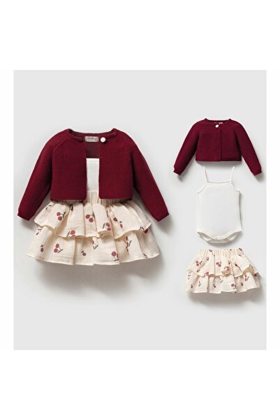 Nipperland 100% Cotton Cotton Piece Baby Girl Set 3-12 Months Cherry Knit Ski...