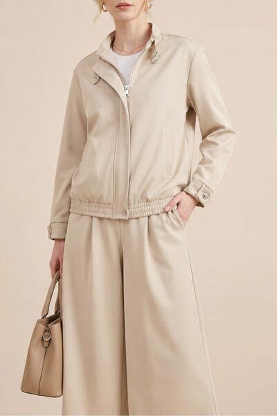 Modamorfo Ocean Suit with Collar and Sleeve Cuffs, Belt Jackets and Pleated W...