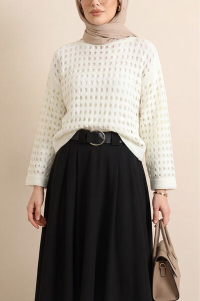 Modamorfo Kayık Yaka Lace-Like Knit Knitwear Sweater -Ecru