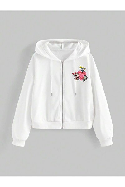 OVER HEAD Women's White Power Puff Girls Printed Hooded Cropped Cardigan Jacket