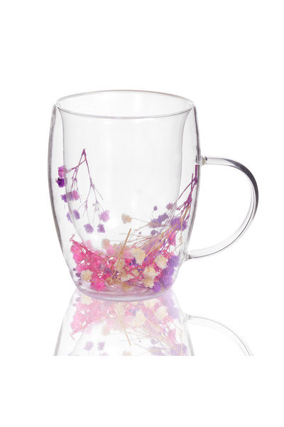Malooki "Ciplo" Double Walled Glass Mug with Natural Dried Flowers in Shades ...