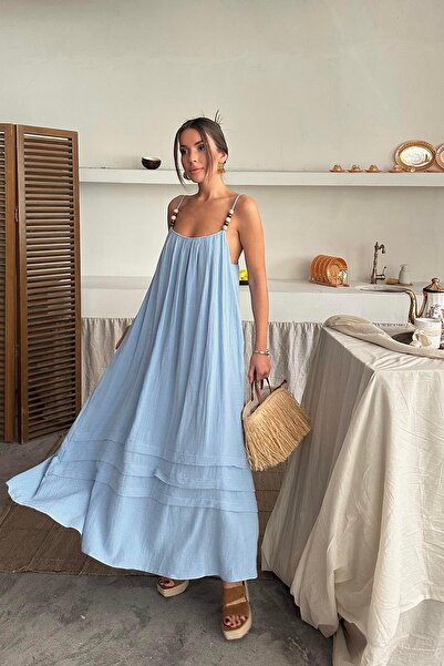 Caddebostan Moda Γυναικείο φόρεμα παραλίας με λουράκια και χάντρες, με λεπτομ...