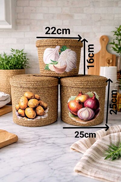 SARDA 3’lü Doğal Hasır Sebze Sepeti Seti Kapaklı – SEBZE Saklama Sepeti , Dek...