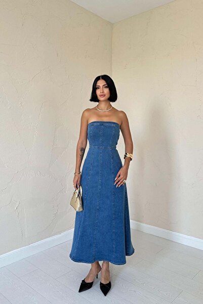 Caddebostan Moda Γυναικείο φόρεμα τζιν με Στράπλες φερμουάρ σε μέγεθος Maxi Χ...