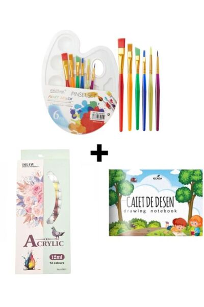 OEM Set Creativ de Pictură – Paletă cu 6 Pensule + Set Acoarele 12 Culori + C...
