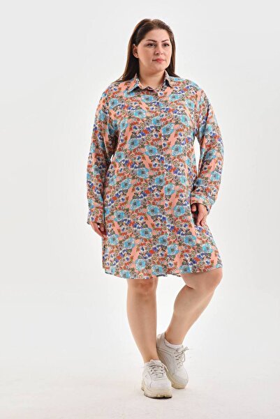 Polologin Butik Büyük Beden Çiçek Desenli Gömlek Elbise - Somon ve Turkuaz Es...
