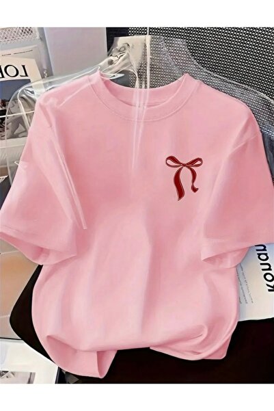 FUFLUNS Μπλουζάκι με στάμπα κόκκινης κορδέλας, oversized, με λαιμόκοψη ποδηλάτου