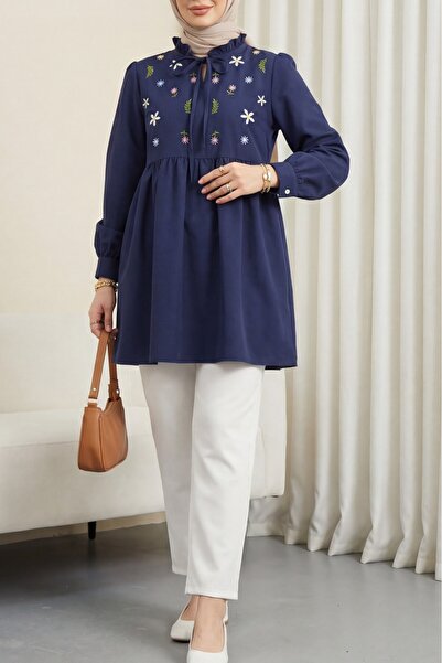 Modamorfo V-Neck Tie-Detail Tunic with Ruffled Collar and Floral Embroidery -...