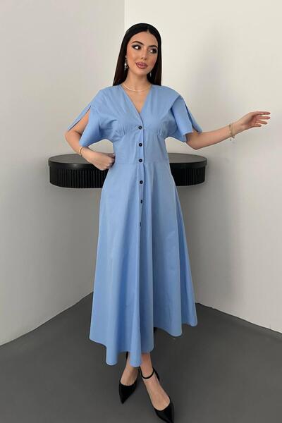 Caddebostan Moda Decolteu în V, cu nasturi poplin lungime midi Mâneci tip vol...