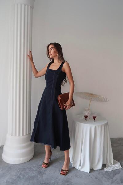 Caddebostan Moda Square Neck Double-Stitched Gabardine Midi Length Dress