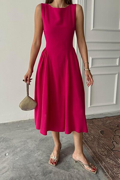 Caddebostan Moda Midi Length Linen Dress with Gathered Sides