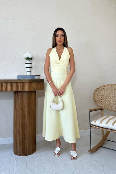 Caddebostan Moda Atlas Fabric Halter Neck Maxi Size Evening Dress with Breast...