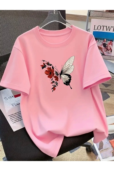 FUFLUNS تي شيرت كبير الحجم بطبعة فراشة حمراء وياقة دائرية