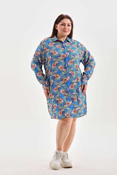 Polologin Butik Large Size Floral Print Shirt Dress - Cobalt Blue