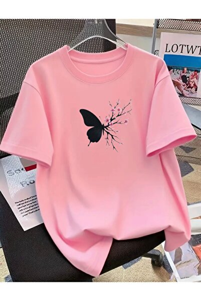 FUFLUNS Unisex Women/Men Oversize Crewneck T-Shirt with Butterfly Sakura Flow...